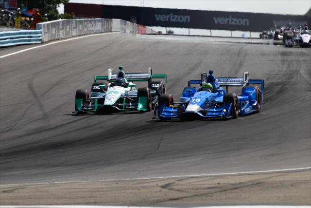 Simon Pagenaud and Tony Kanaan go wheel-to-wheel into Turn 1 during the INDYCAR Grand Prix at The Glen from Watkins Glen International -- Photo by: Bret Kelley