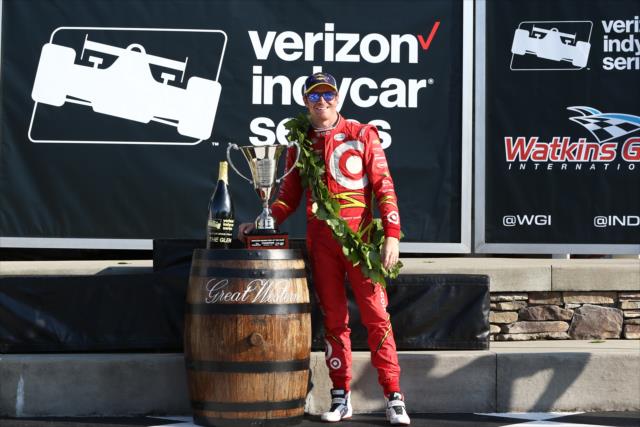 Scott Dixon with his Winner's Trophy in Victory Lane as he captures the INDYCAR Grand Prix at The Glen from Watkins Glen International -- Photo by: Chris Jones
