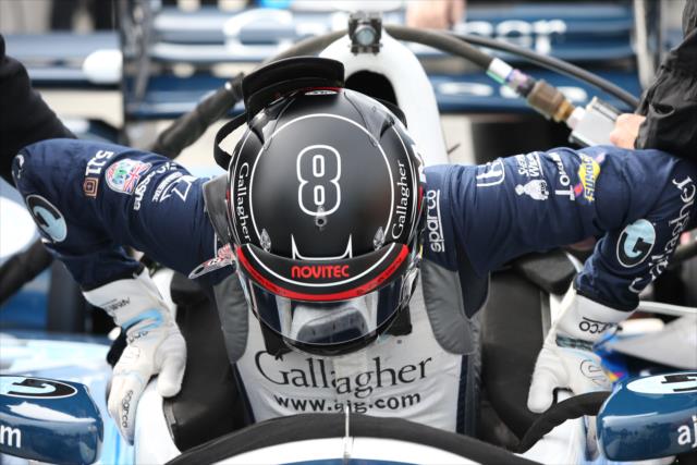 Max Chilton slides into his No. 8 Gallagher Honda on pit lane prior to practice for the INDYCAR Grand Prix at The Glen from Watkins Glen International -- Photo by: Chris Jones