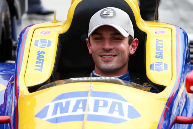 Alexander Rossi sits in his No. 98 NAPA Auto Parts Honda on pit lane after winning the pole position for the INDYCAR Grand Prix at The Glen from Watkins Glen International -- Photo by: Chris Jones