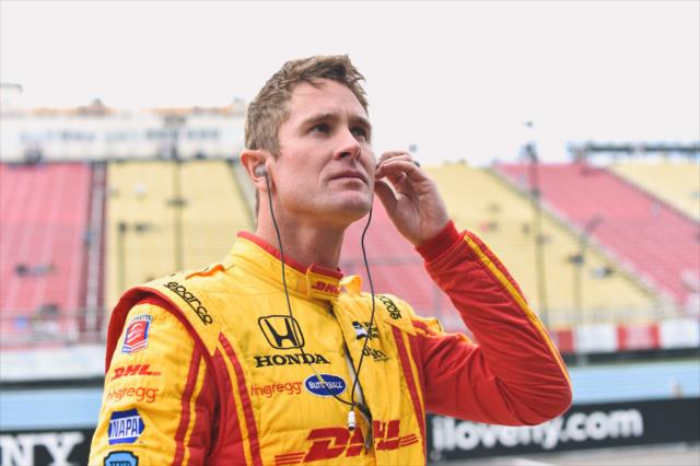 Ryan Hunter-Reay sets his earpieces along pit lane prior to qualifications for the INDYCAR Grand Prix at The Glen -- Photo by: Chris Owens