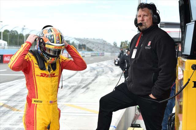 Ryan Hunter-Reay and Michael Andretti along pit lane prior to qualifications for the INDYCAR Grand Prix at The Glen -- Photo by: Chris Owens