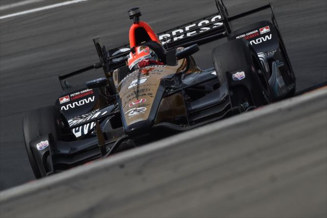 James Hinchcliffe roars into Turn 8 during practice for the INDYCAR Grand Prix at The Glen from Watkins Glen International -- Photo by: Chris Owens