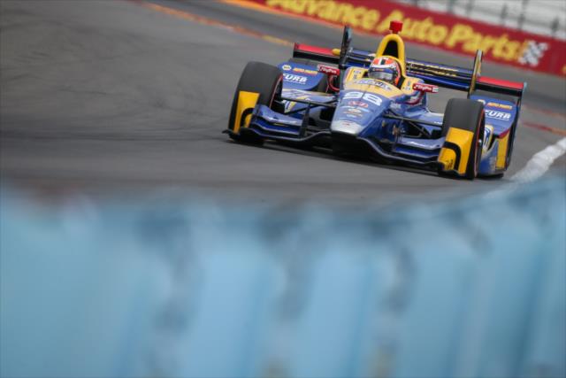 Alexander Rossi sets up for Turn 11 during qualifications for the INDYCAR Grand Prix at The Glen -- Photo by: Joe Skibinski